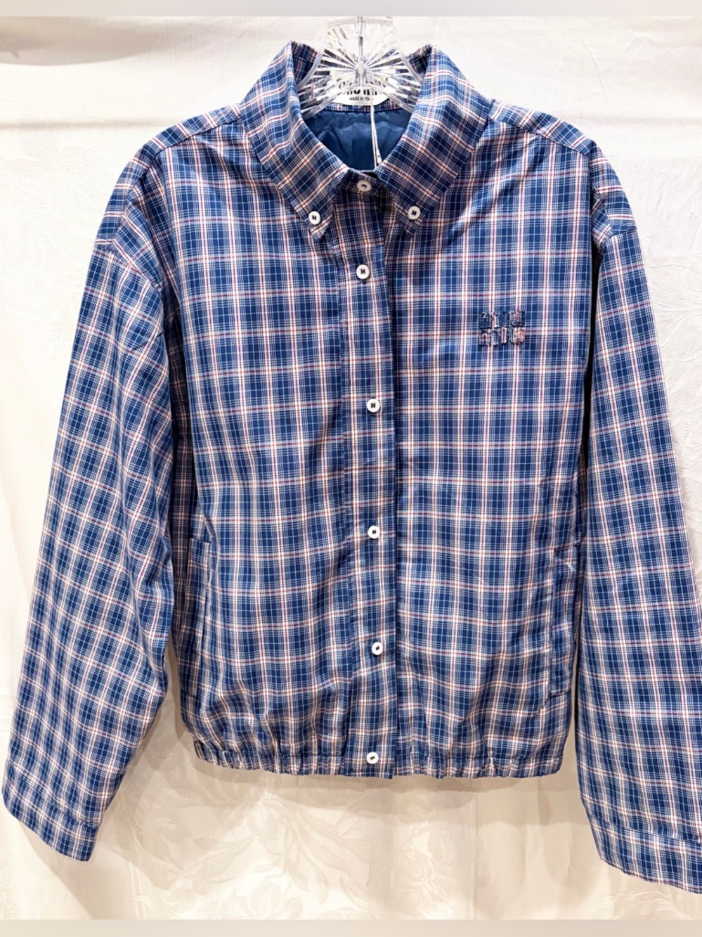 New MIU MIU Inspired Blue Red Plaid Oversize Cotton Bomber Jacket S $3850
